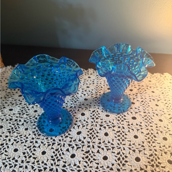 Fenton Other - Vintage Fenton Colonial Blue Hobnail Ruffled Edge Decorative Vases Set of 2